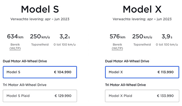 Prijzen Tesla Model S en Model X Prijzen Tesla Model S en Model X