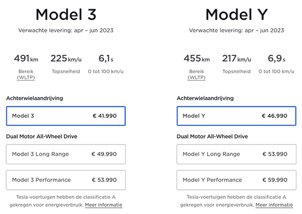 Prijzen Model 3 en Model Y Prijzen Model 3 en Model Y